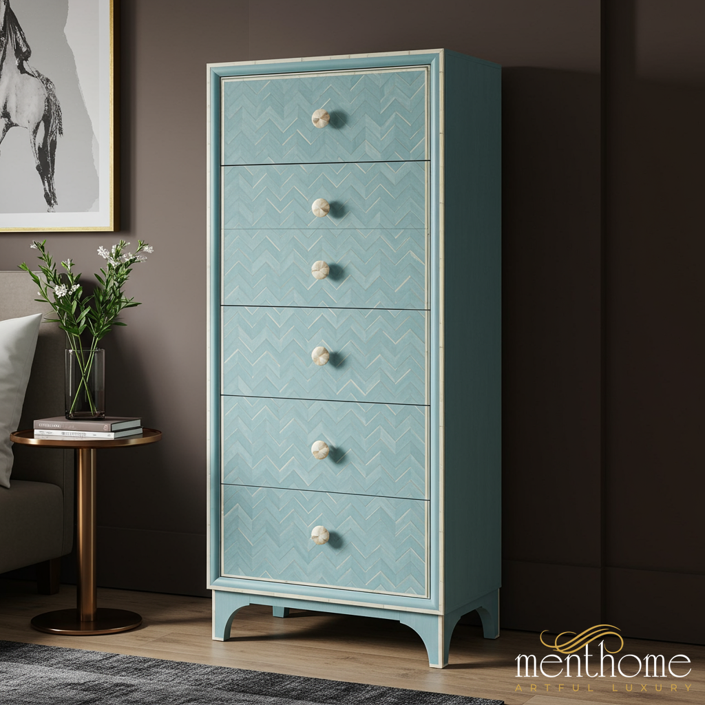 Blue Chevron Pattern 6-Drawer Tall Dresser | Luxury Handmade Tallboy - M(28"Wx18"Dx54"H) / Bone-like Blue Chevron Pattern 6-Drawer Tall Dresser | Luxury Handmade Tallboy - M(28"Wx18"Dx54"H) / Bone-like