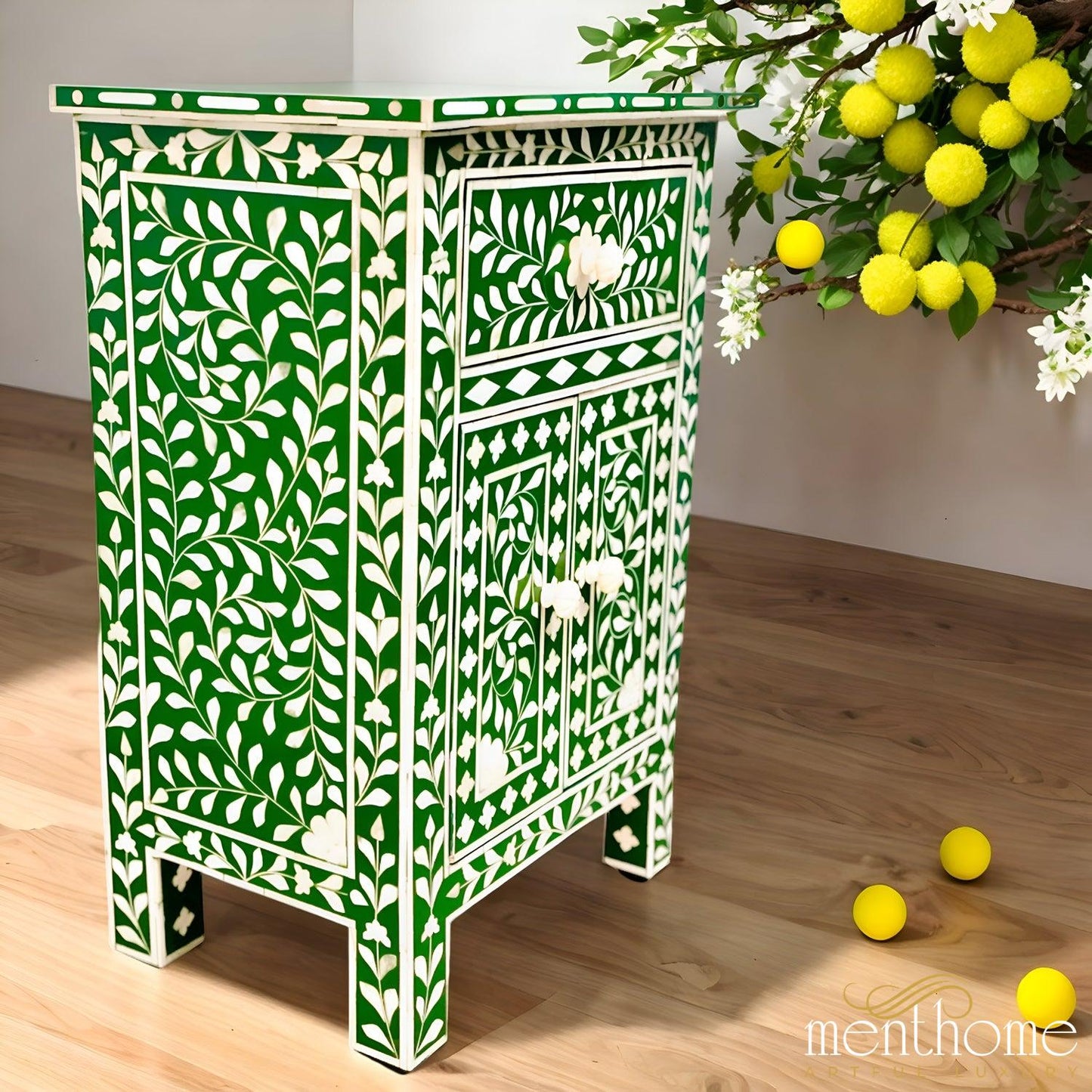 Resin Green Floral Pattern One Drawer Bedside Table | Luxury Handmade Bedside Table