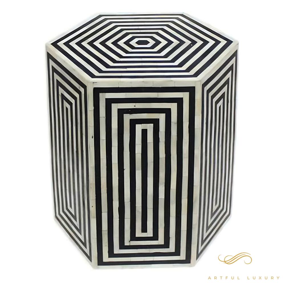 Striped Hexagonal Bone Inlay Black Side table | Luxury Handmade Side Table