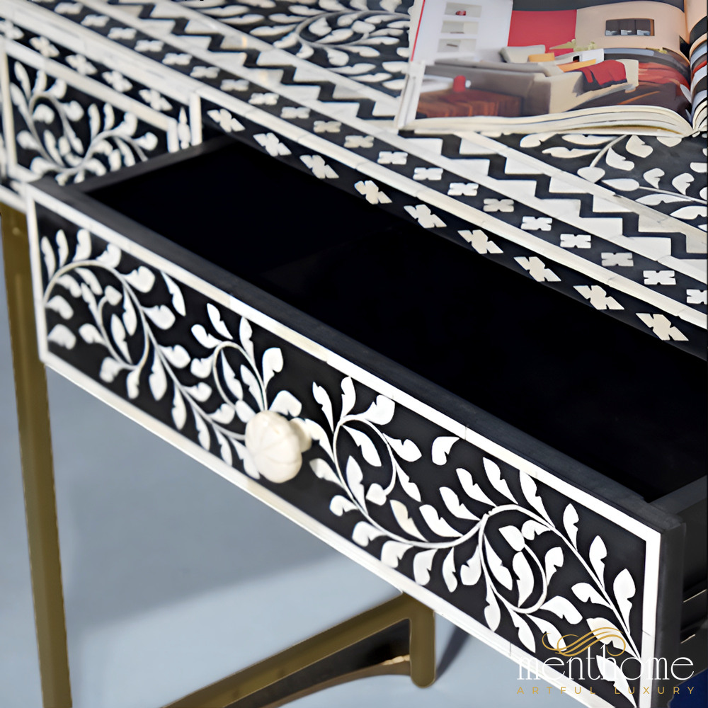 Floral 1 Drawer Bone Inlay Desk with Brass Leg | Luxury Handmade Desk