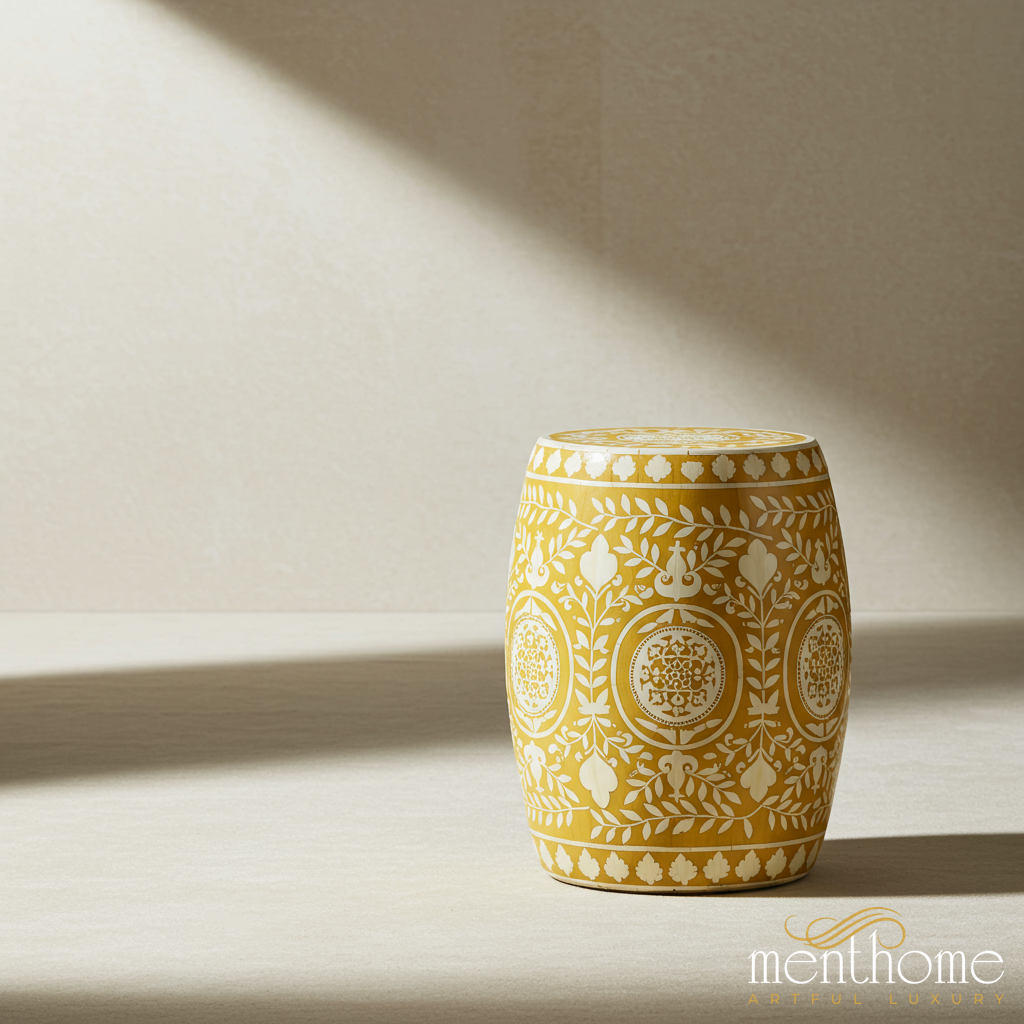 Decorative Ceramic Garden Stool with Intricate White Floral Patterns | Luxury Handmade Stool