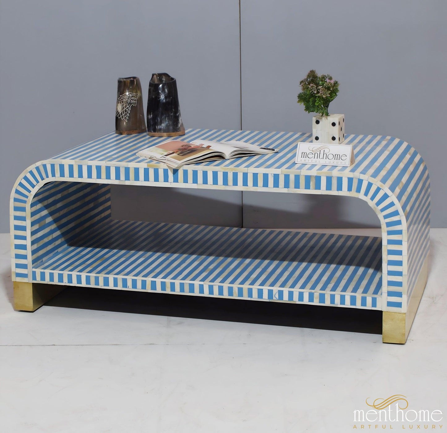 Double Shelf Table Waterfall Bone Inlay Coffee Table | Luxury Handmade Coffee Table
