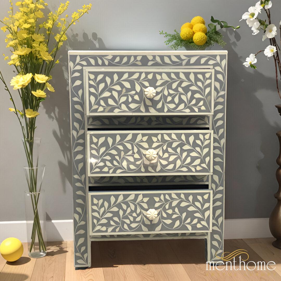 Leaf Design Light Grey and White Resin Bedside Table | Luxury Handmade Bedside Table