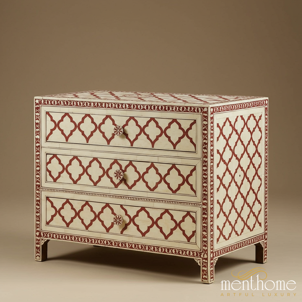 Handcrafted Bone Inlay Three Drawer Chest | Luxury Handmade Chest of Drawer
