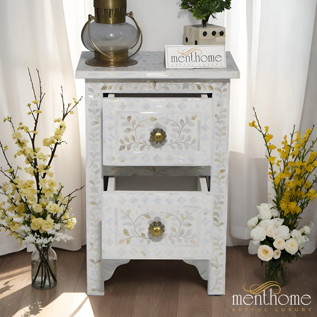 White Mother of Pearl Bedside Table adorned with a Leaf Pattern | Luxury Handmade Bedside Table