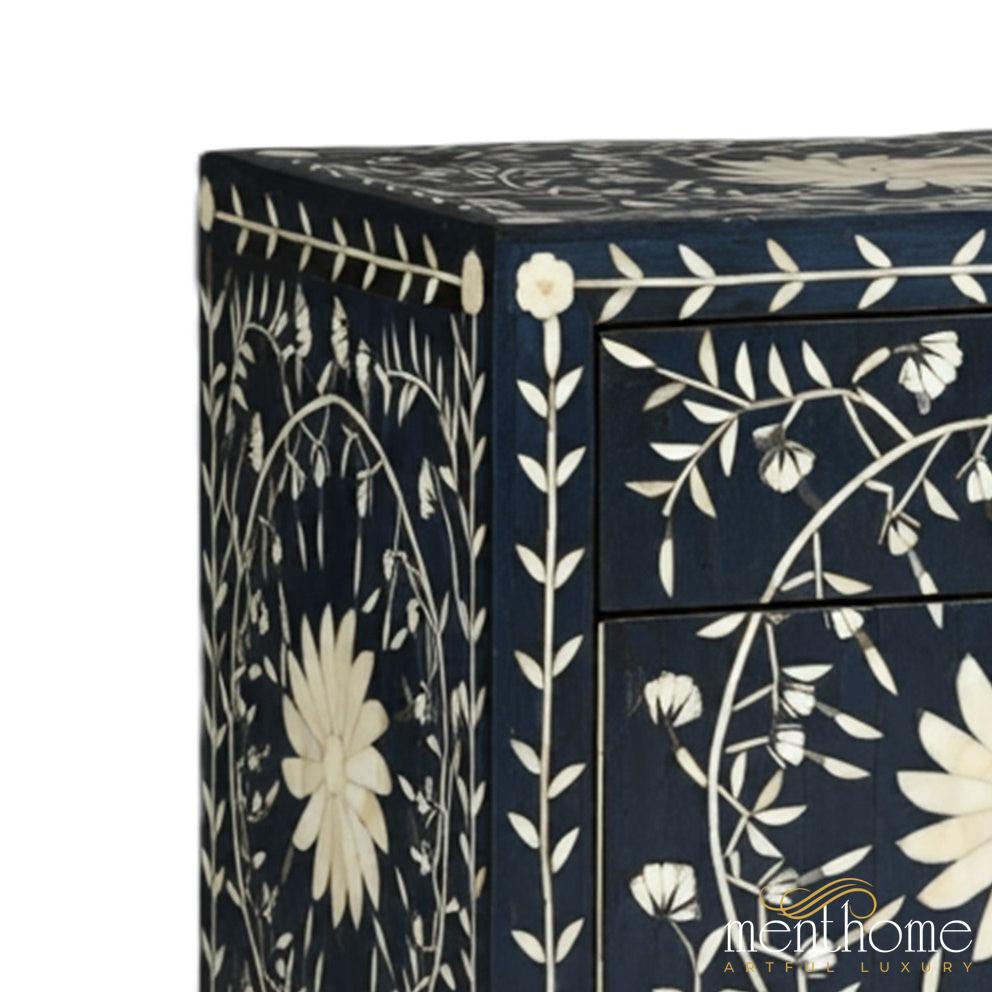 Handmade Floral Pattern Bone Inlay Bedside Table with One Drawer | Luxury Handmade Bedside Table