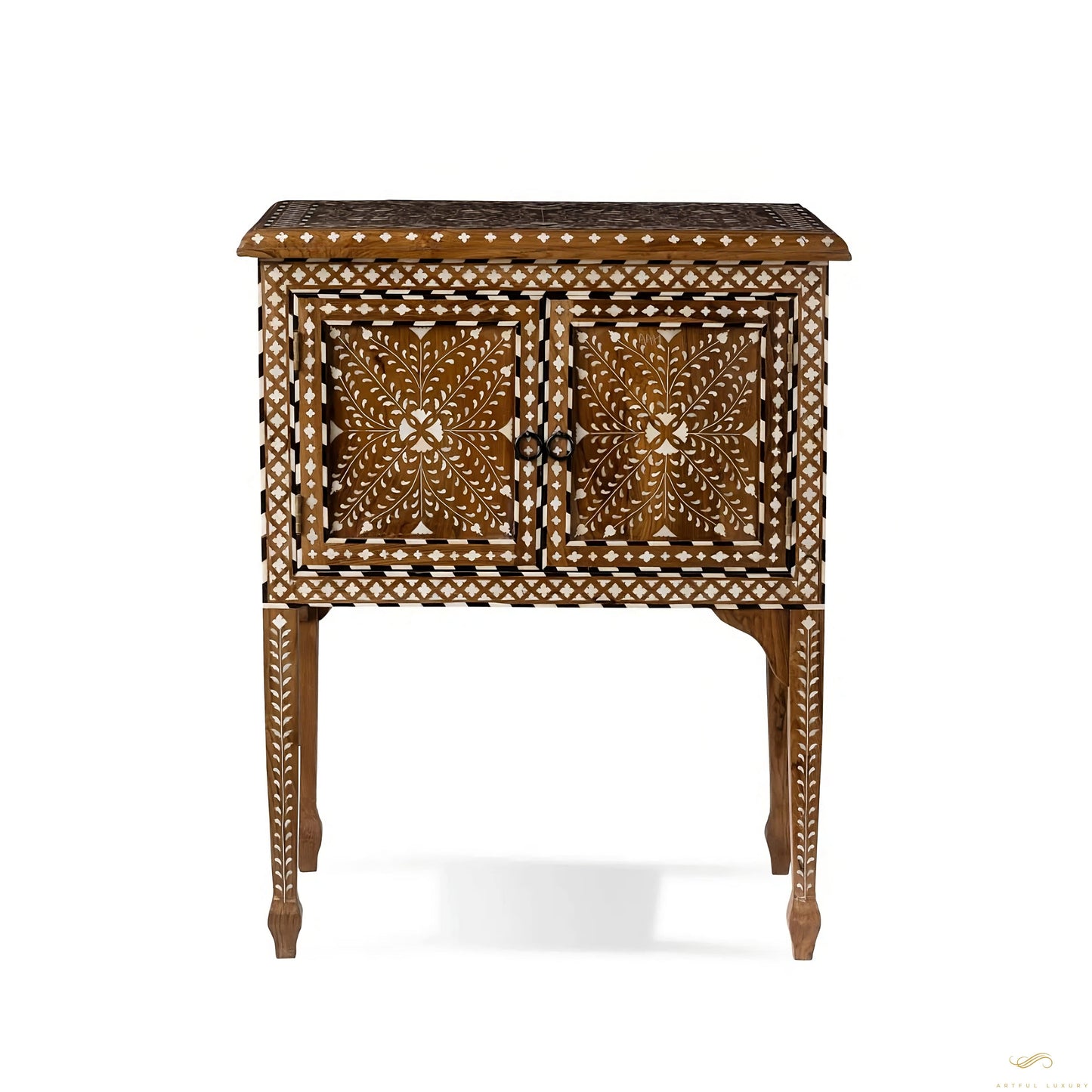 Teak Wood and Bone Inlay Bedside Table, Wooden Bone Inlay Storage Furniture | Luxury Handmade Bedside Table