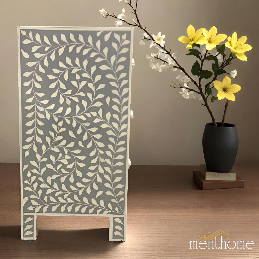 Leaf Design Light Grey and White Resin Bedside Table | Luxury Handmade Bedside Table