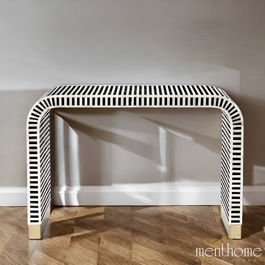 Luxury Bone Inlay Black Waterfall Console Table | Luxury Handmade Console
