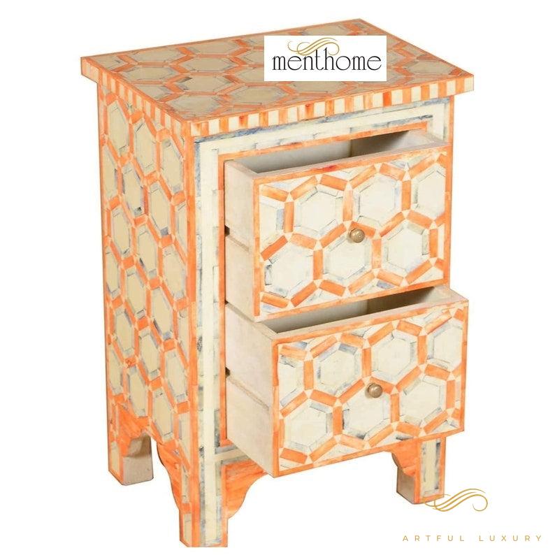 Bone inlay handmade orange bedside table, Bone inlay orange night stand, Bone inlay side table, Bone inlay furniture, Bone inlay lamp stand | Luxury Handmade Bedside Table