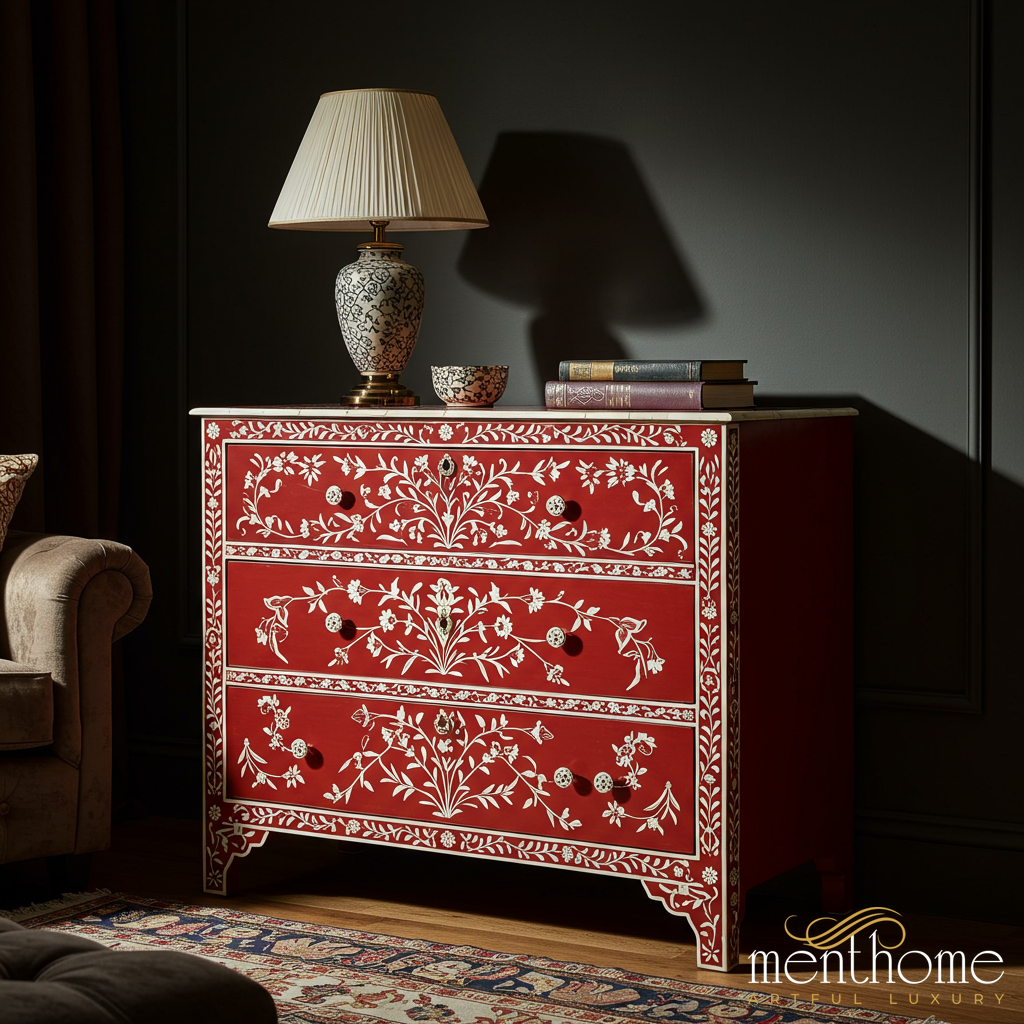 Vintage Red Floral Hand-Painted Wooden Chest of Drawers | Luxury Handmade Dresser - L(76"Wx18"Dx34"H) / MOP Vintage Red Floral Hand-Painted Wooden Chest of Drawers | Luxury Handmade Dresser - L(76"Wx18"Dx34"H) / MOP