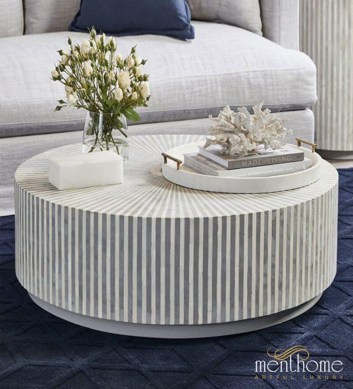 Bone Inlay Grey Round Coffee Table | Luxury Handmade Coffee Table