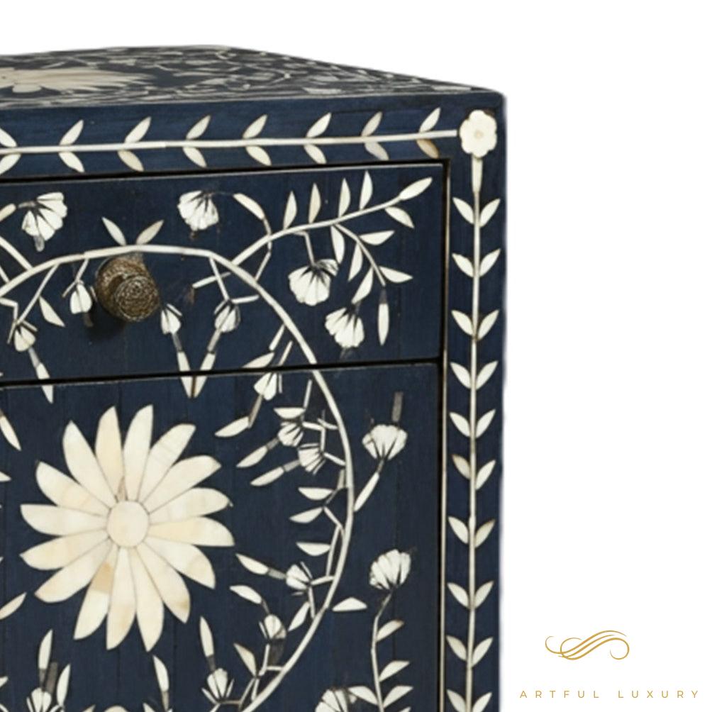 Handmade Floral Pattern Bone Inlay Bedside Table with One Drawer | Luxury Handmade Bedside Table