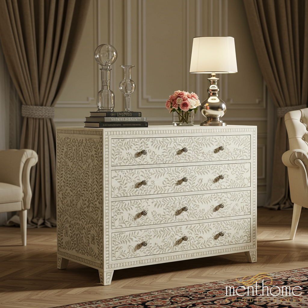 Elegant Floral Pattern Cream Wooden Dresser with Four Drawers | Luxury Menthome USA Elegant Floral Pattern Cream Wooden Dresser with Four Drawers | Luxury Menthome USA