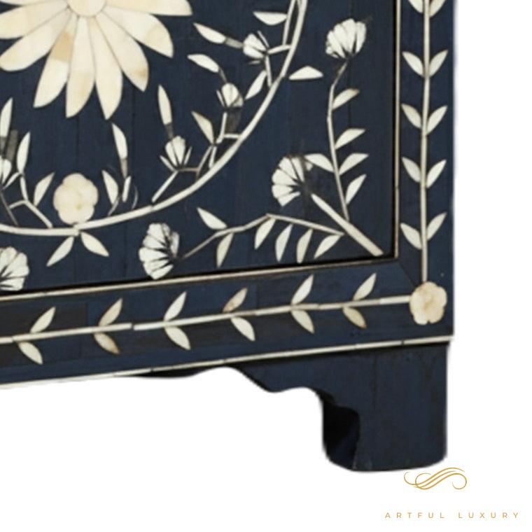 Handmade Floral Pattern Bone Inlay Bedside Table with One Drawer | Luxury Handmade Bedside Table