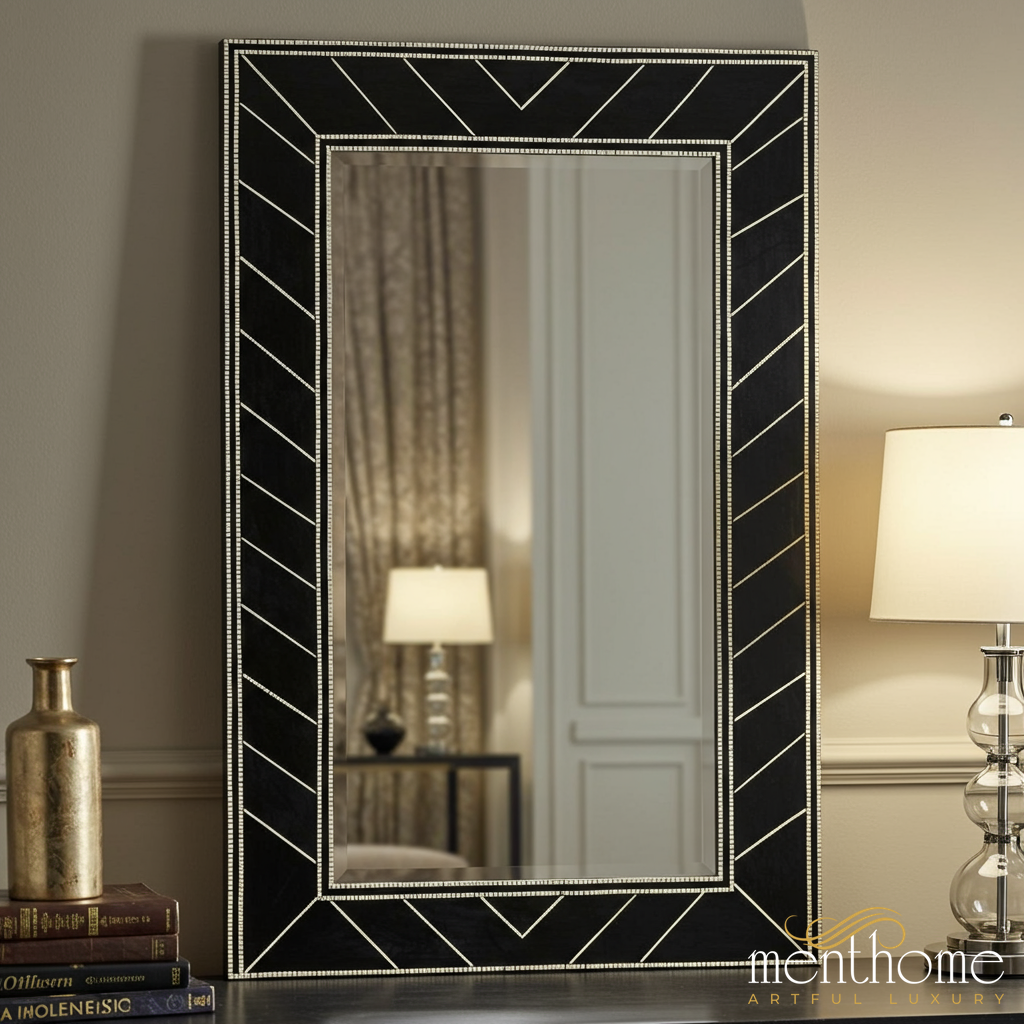 Elegant Black and Silver Geometric Decorative Wall Mirror | Luxury Handmade Mirror