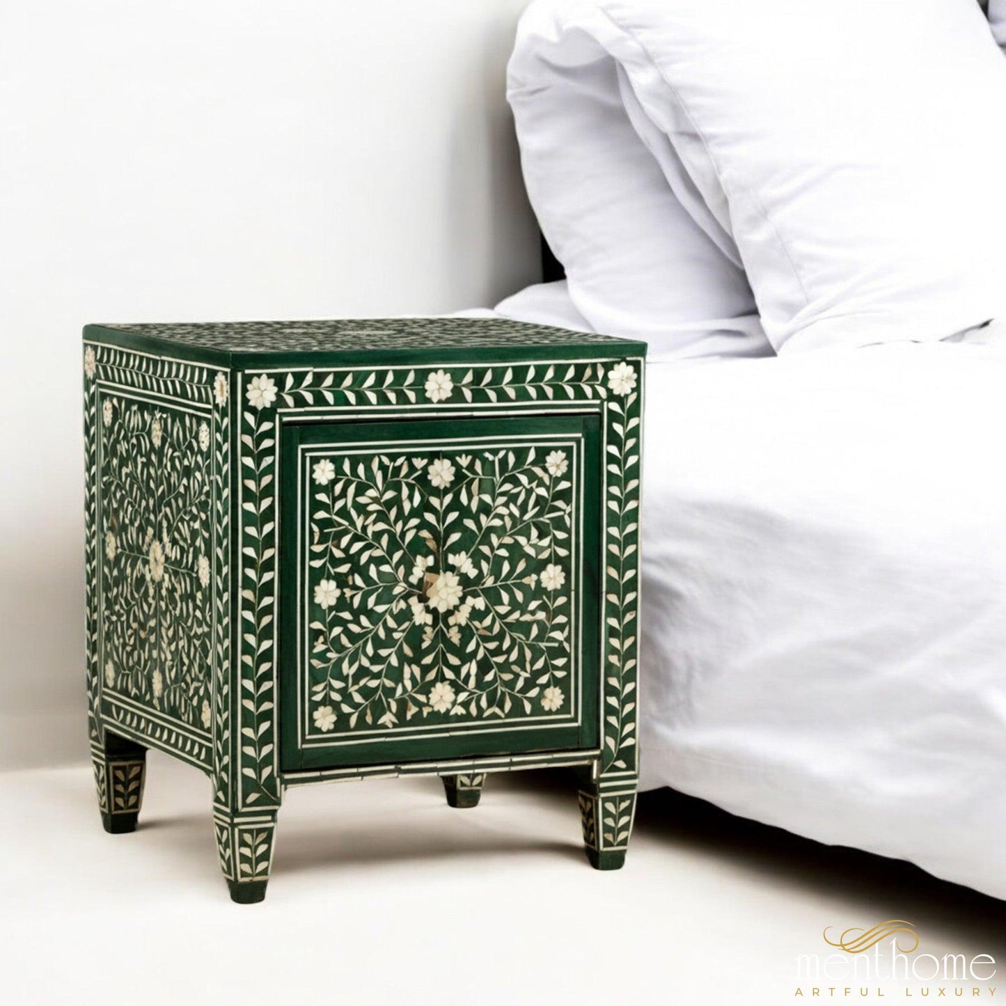 Bone Inlay Green Bedside Table with One Drawer | Luxury Handmade Bedside Table