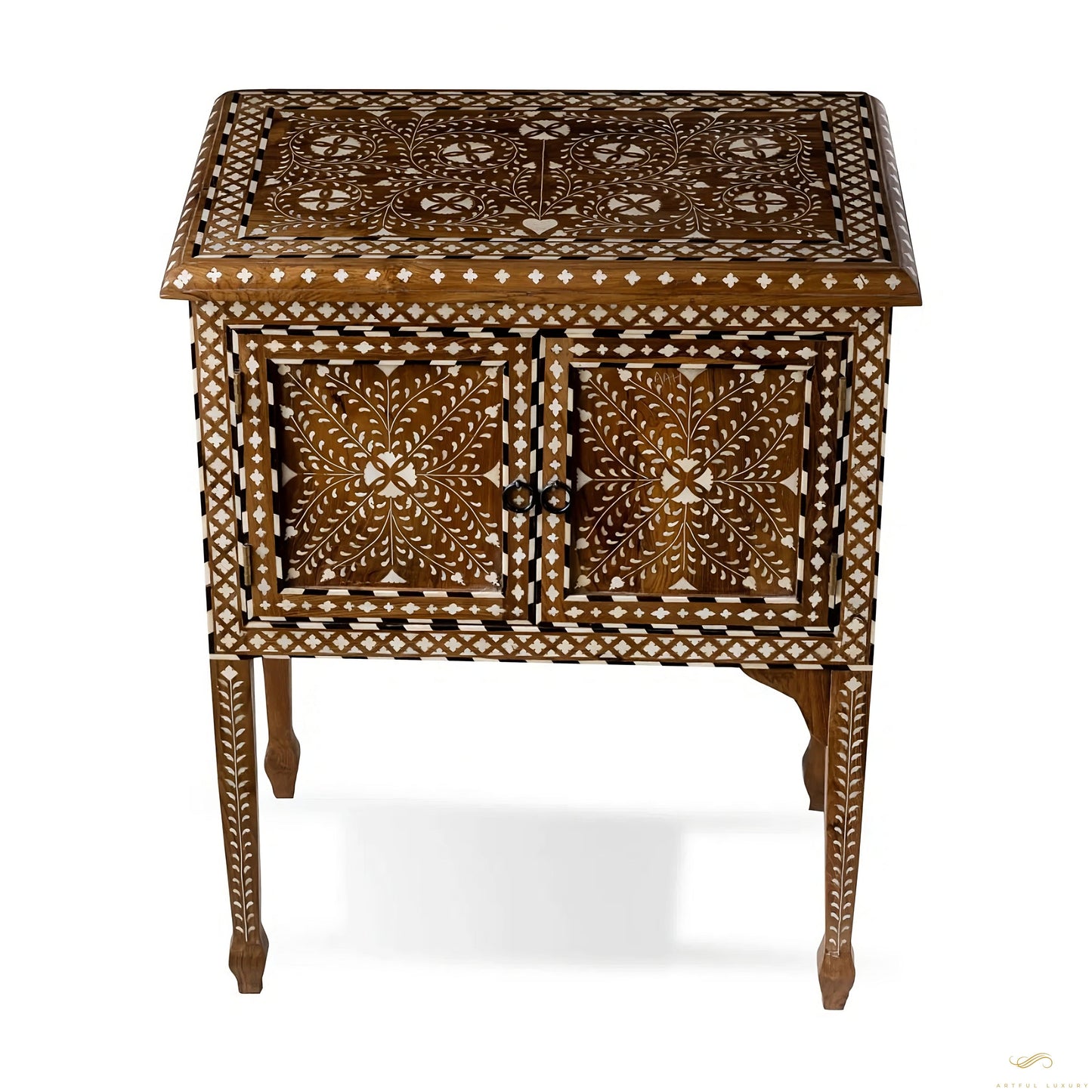 Teak Wood and Bone Inlay Bedside Table, Wooden Bone Inlay Storage Furniture | Luxury Handmade Bedside Table