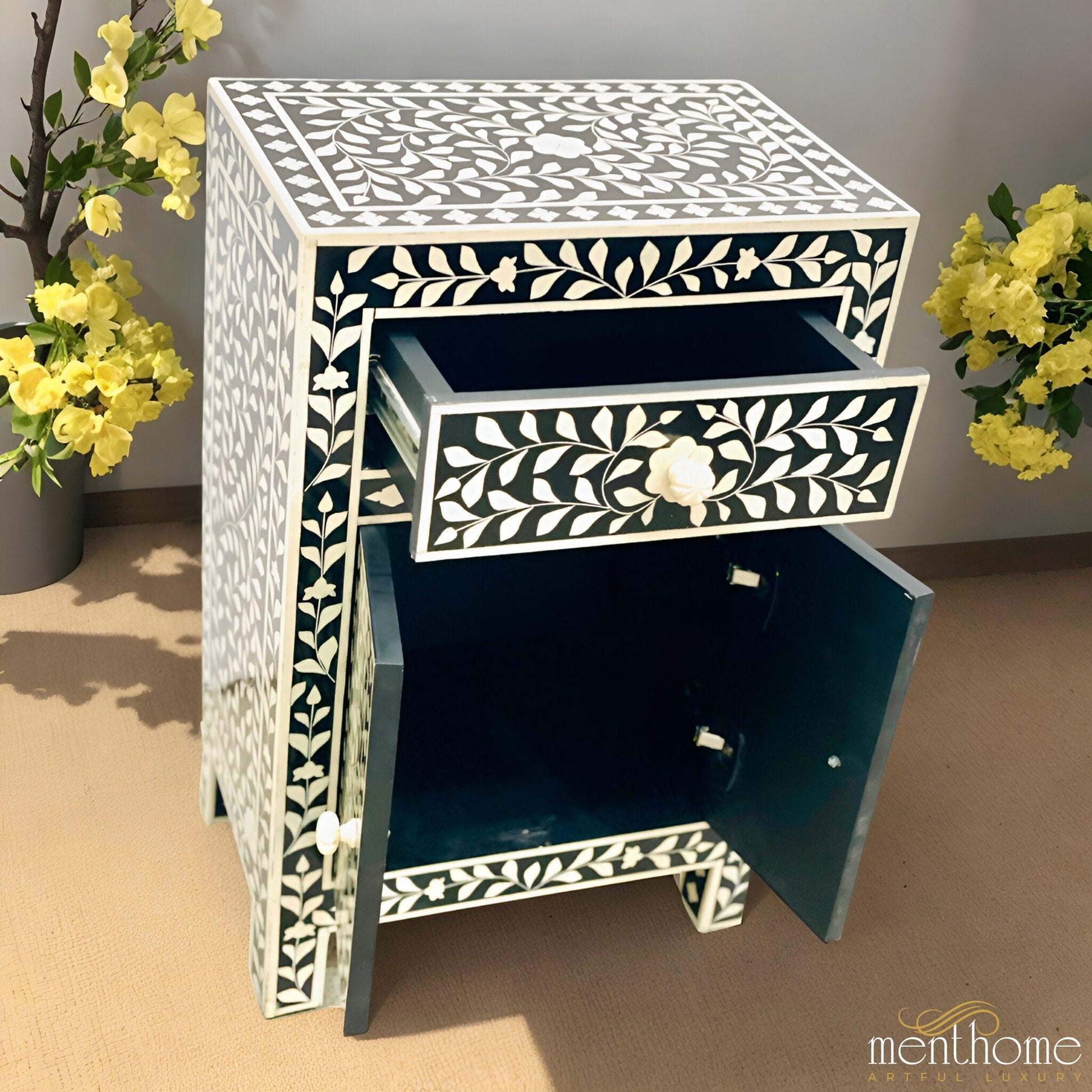 Floral Pattern Black Bedside Table - 1 Drawer and 2 Doors | Luxury Handmade Bedside Table