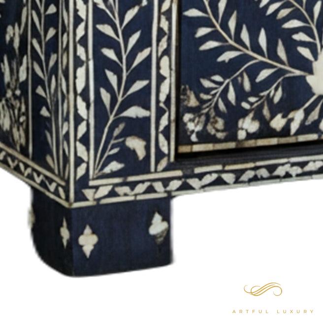 Navy Blue Bone Inlay Handmade Bedside Table with Two Drawers | Luxury Handmade Bedside Table