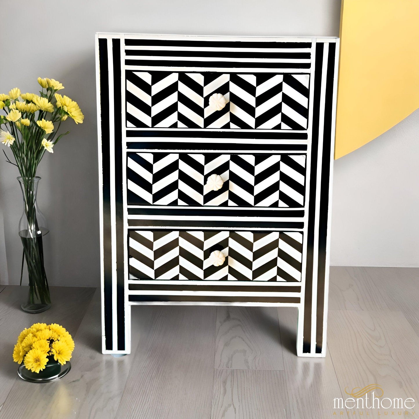 Zig-Zag Pattern 3-Drawer Resin Black Bedside Table | Luxury Handmade Bedside Table