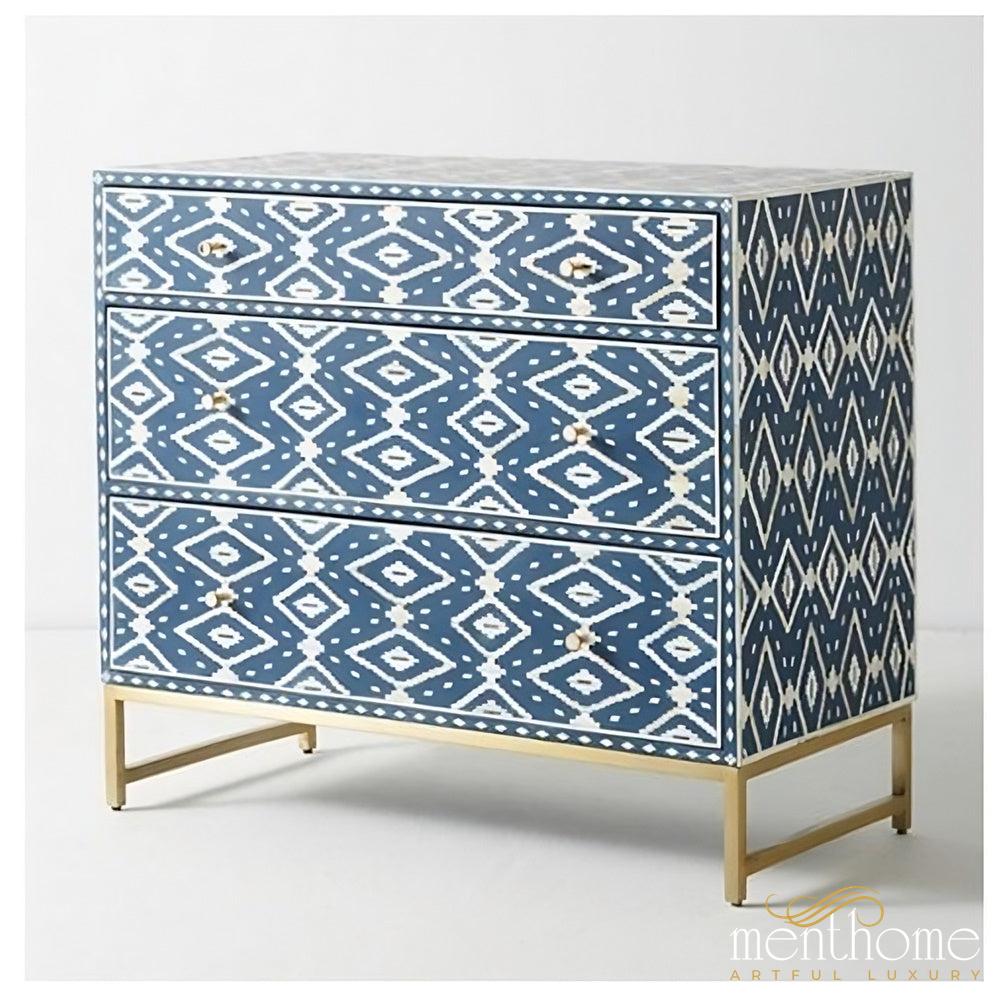 Bone Inlay Ikat Three Drawer Dresser navy blue | Luxury Handmade Dresser