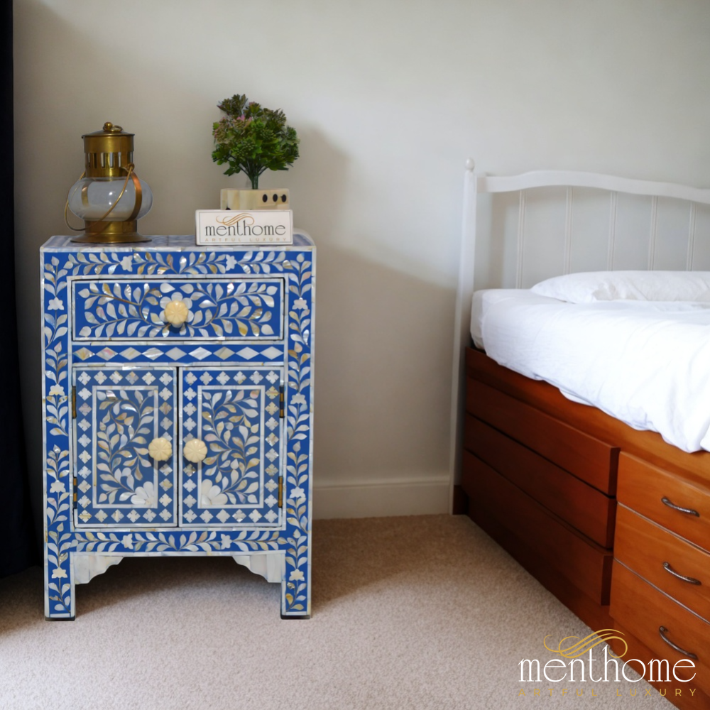 Mother of Pearl Inlay Bedside Floral Design | Luxury Handmade Bedside Table