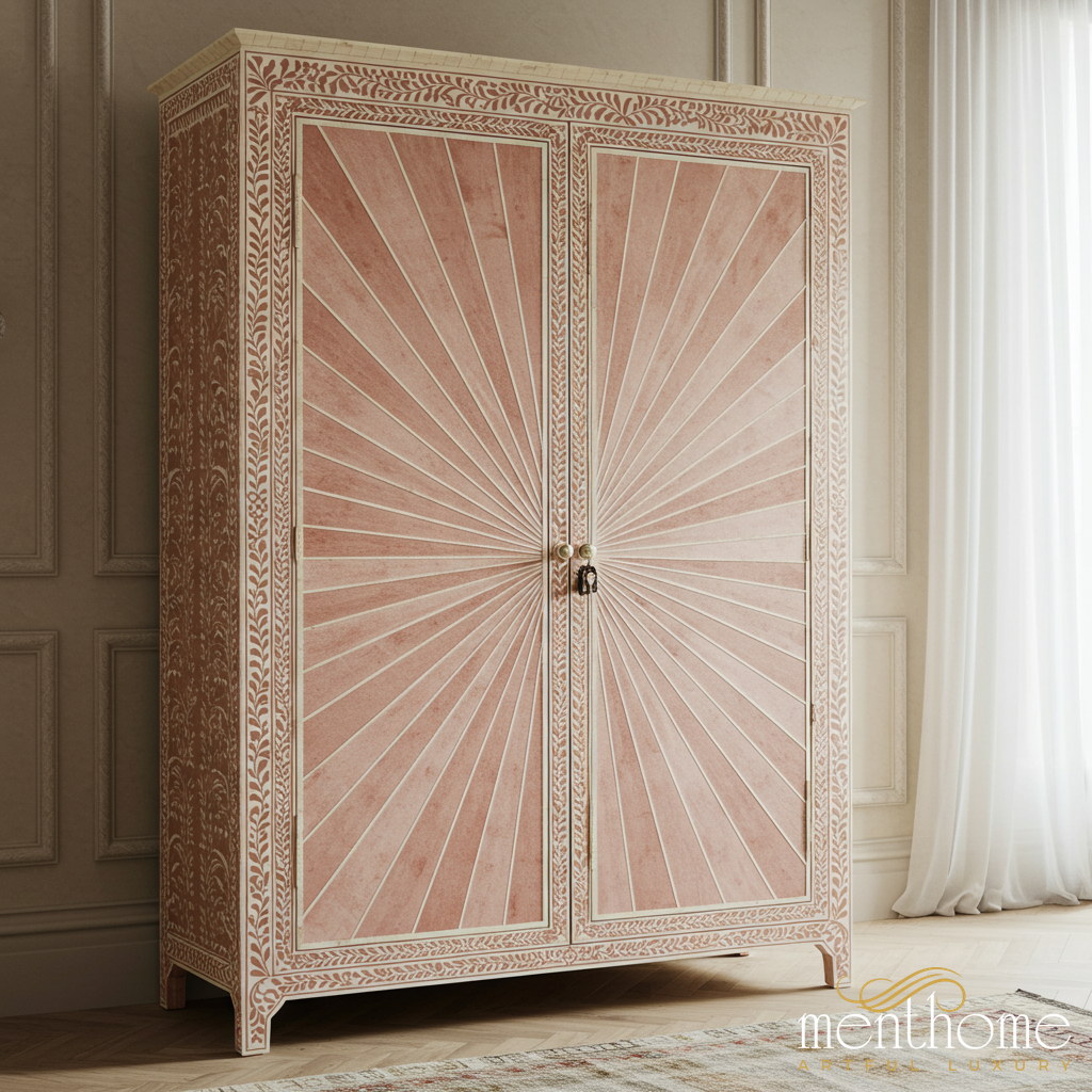 Vintage Pink Sunburst Armoire Wardrobe | Luxury Handmade Wardrobe - S(30"Wx16"Dx60"H) / Bone-like Vintage Pink Sunburst Armoire Wardrobe | Luxury Handmade Wardrobe - S(30"Wx16"Dx60"H) / Bone-like