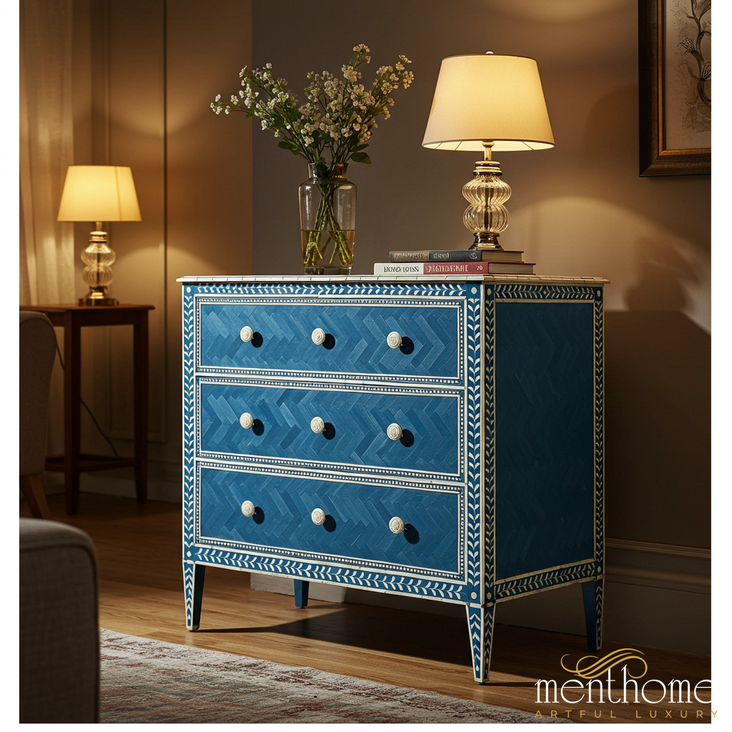 Blue Bone Inlay 3-Drawer Dresser with White Floral Accents | Luxury Handmade Dresser - S(42"Wx18"Dx30"H) / MOP Blue Bone Inlay 3-Drawer Dresser with White Floral Accents | Luxury Handmade Dresser - S(42"Wx18"Dx30"H) / MOP