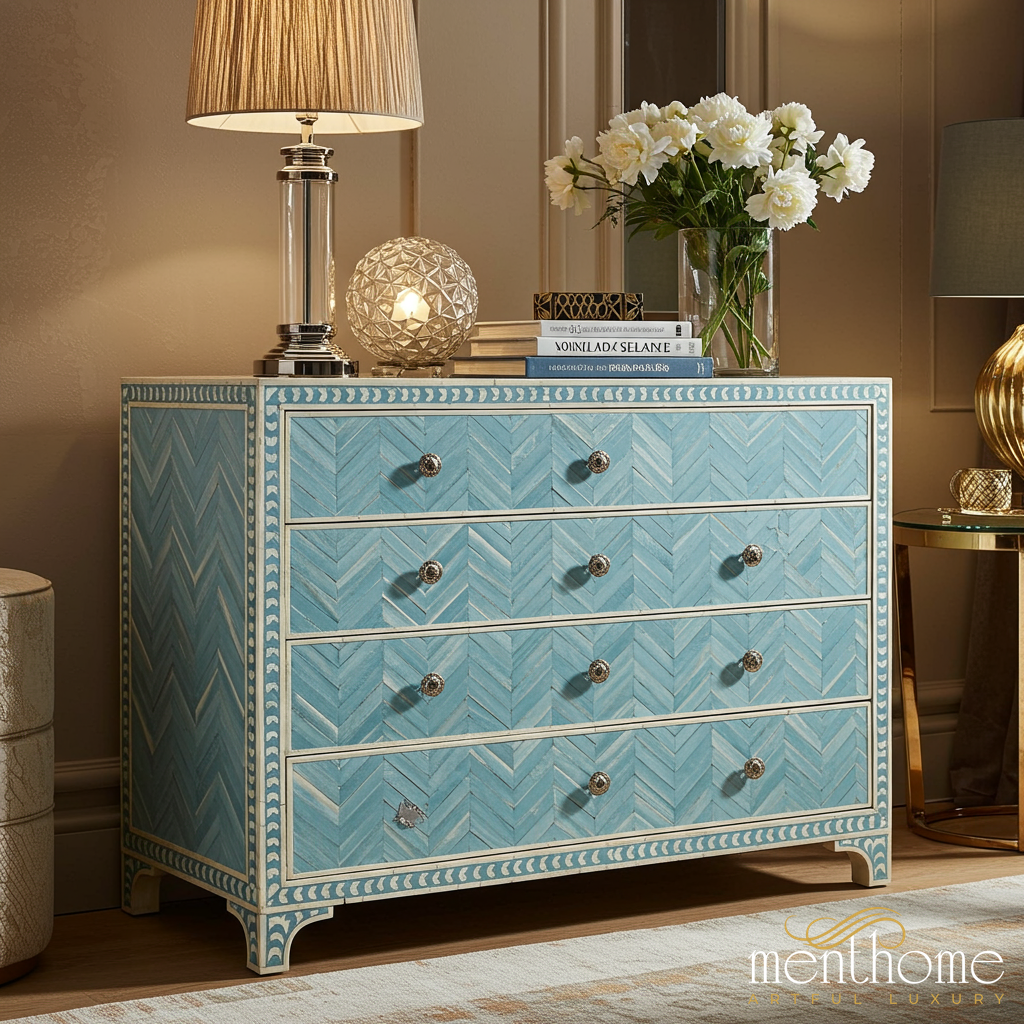 Blue Chevron Pattern Wooden Dresser with Four Drawers | Luxury Handmade Dresser - L(76"Wx18"Dx34"H) / Bone Inlay Blue Chevron Pattern Wooden Dresser with Four Drawers | Luxury Handmade Dresser - L(76"Wx18"Dx34"H) / Bone Inlay