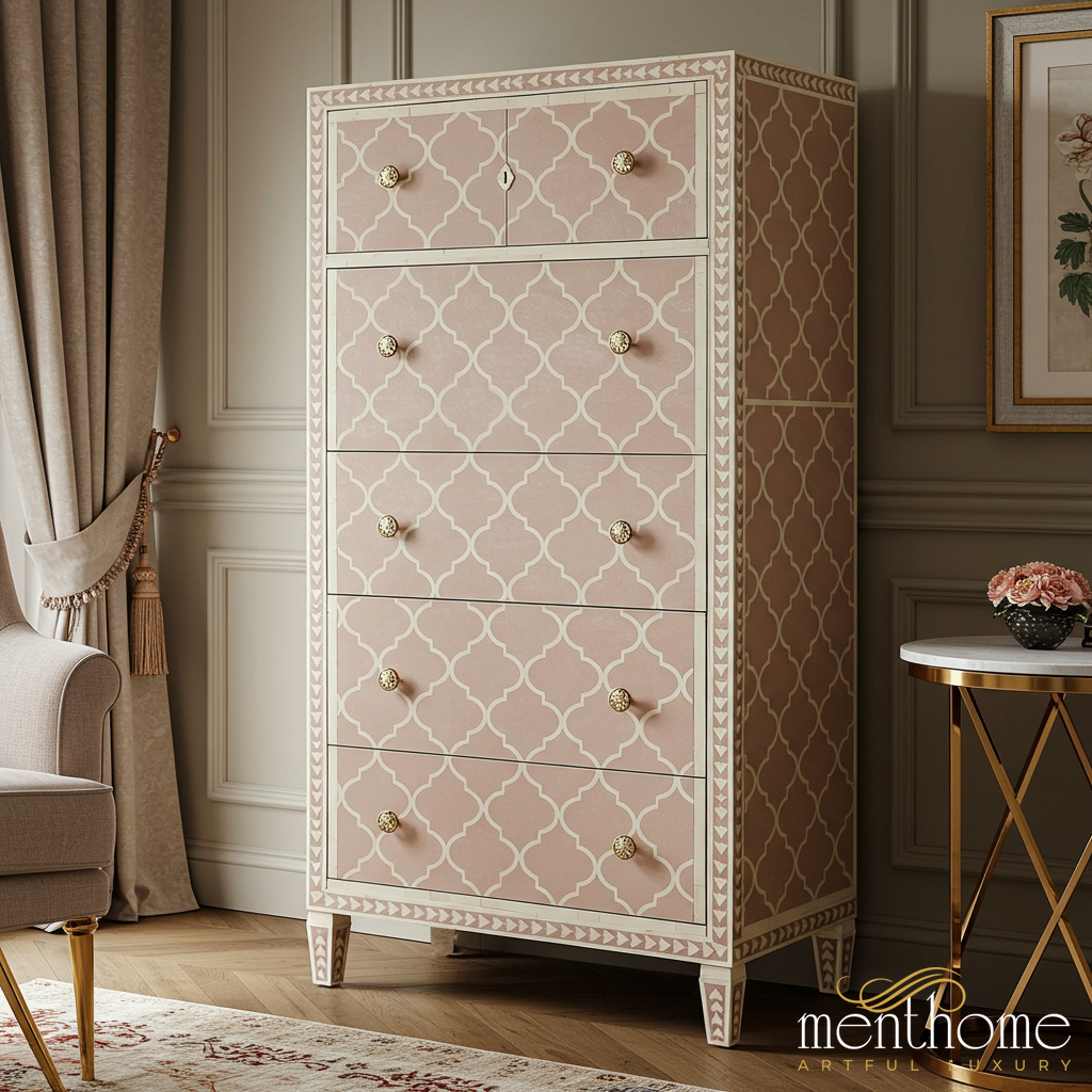 Elegant Pink and White Patterned Wooden Dresser