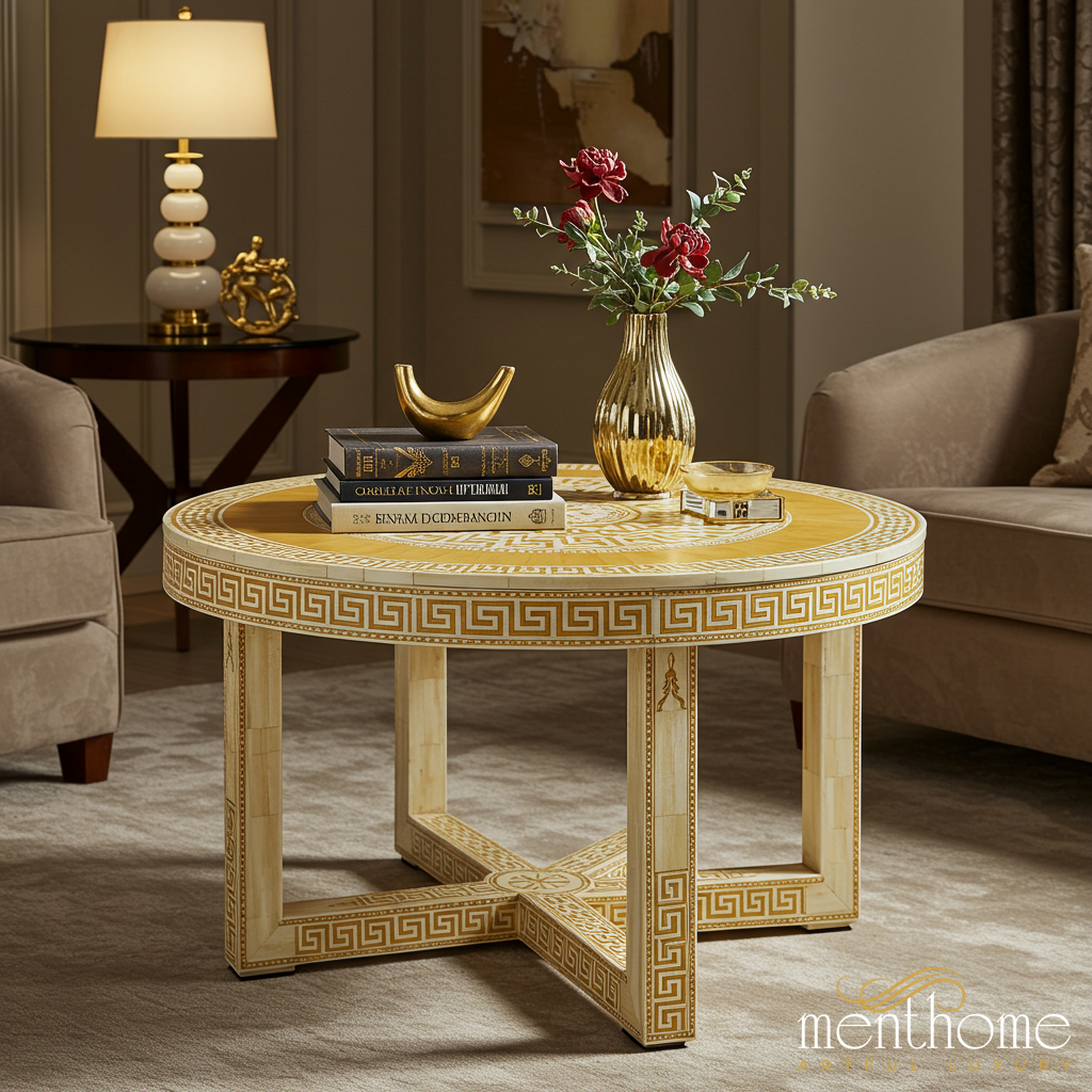 Elegant Round Coffee Table with Greek Key Inlay | Luxury Handmade Coffee Table