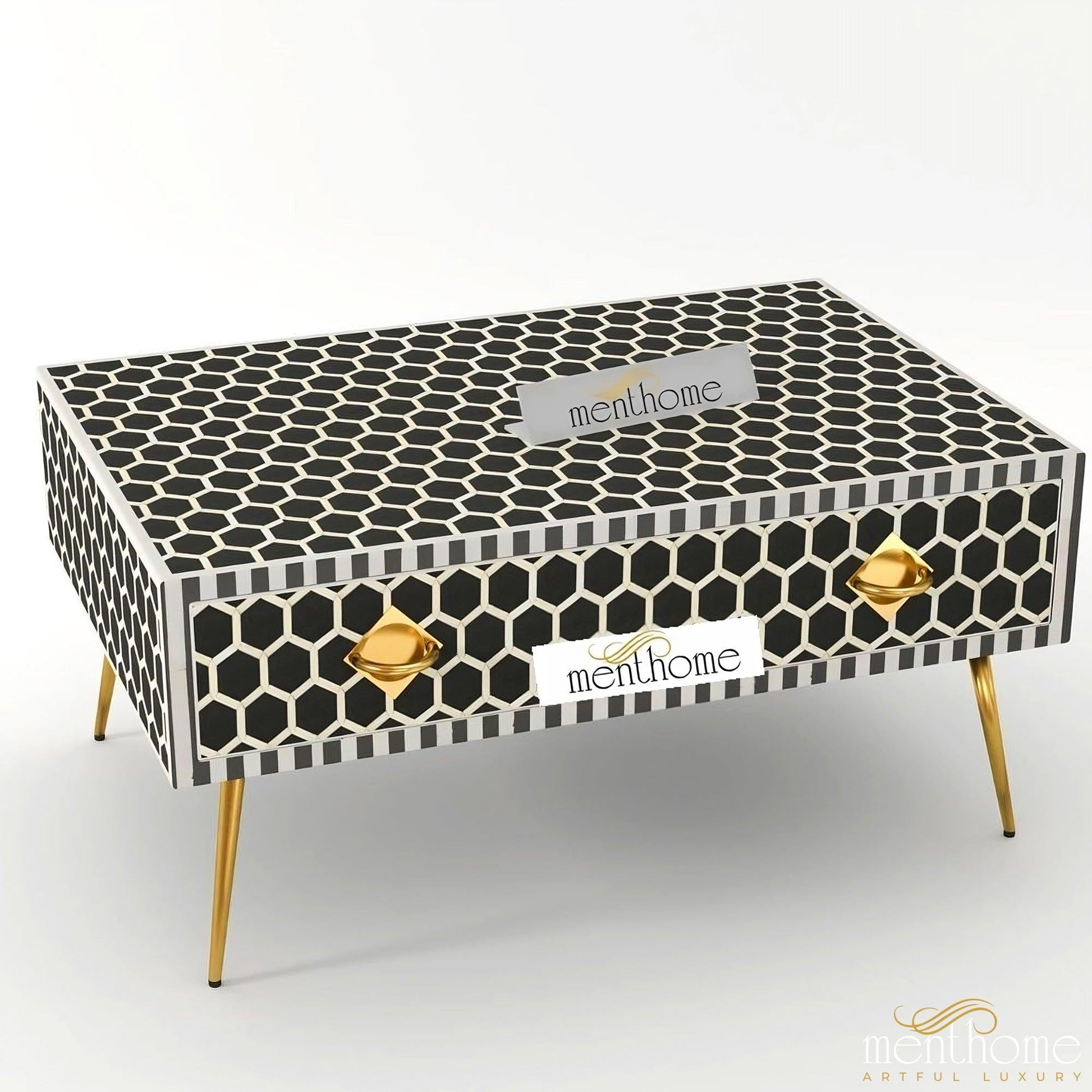 Bone Inlay Wooden Honeycomb Coffee Table | Luxury Handmade Coffee Table