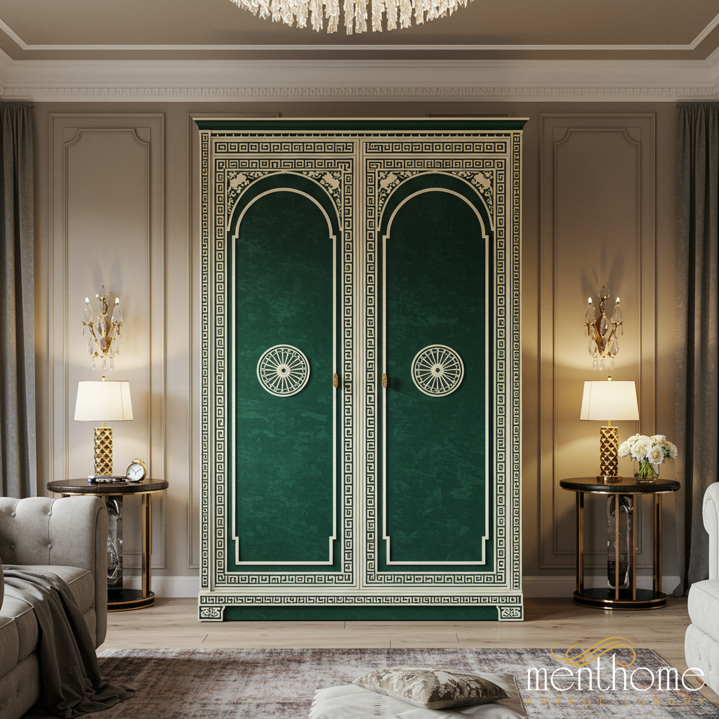 Elegant Green and Gold Ornate Wardrobe | Luxury Handmade Wardrobe