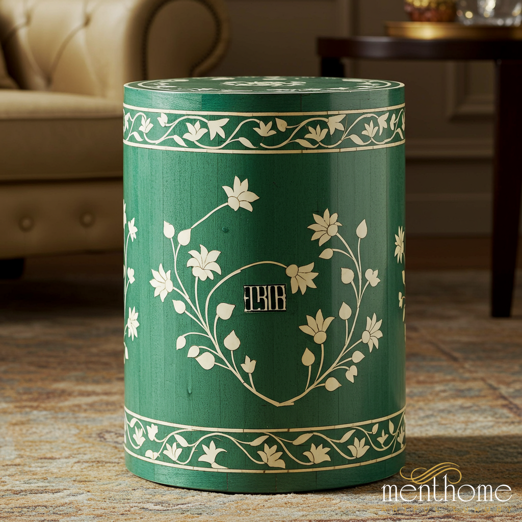 Green Floral Inlay Decorative Garden Stool | Luxury Handmade Stool