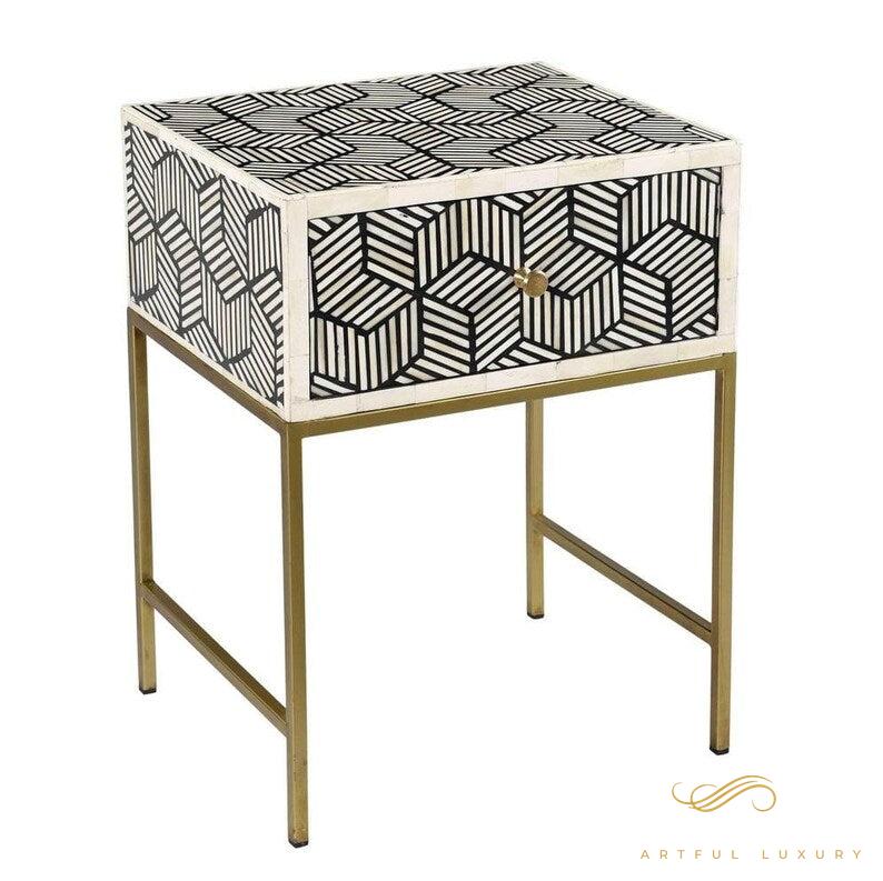BONE INLAY GEOMETRIC DESIGN METAL BASE ACCENT BEDSIDE TABLE | Luxury Handmade Bedside Table