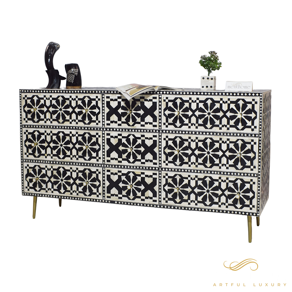 Moroccan Pattern 9-Drawer Bone Inlay Dresser | Luxury Handmade Dresser
