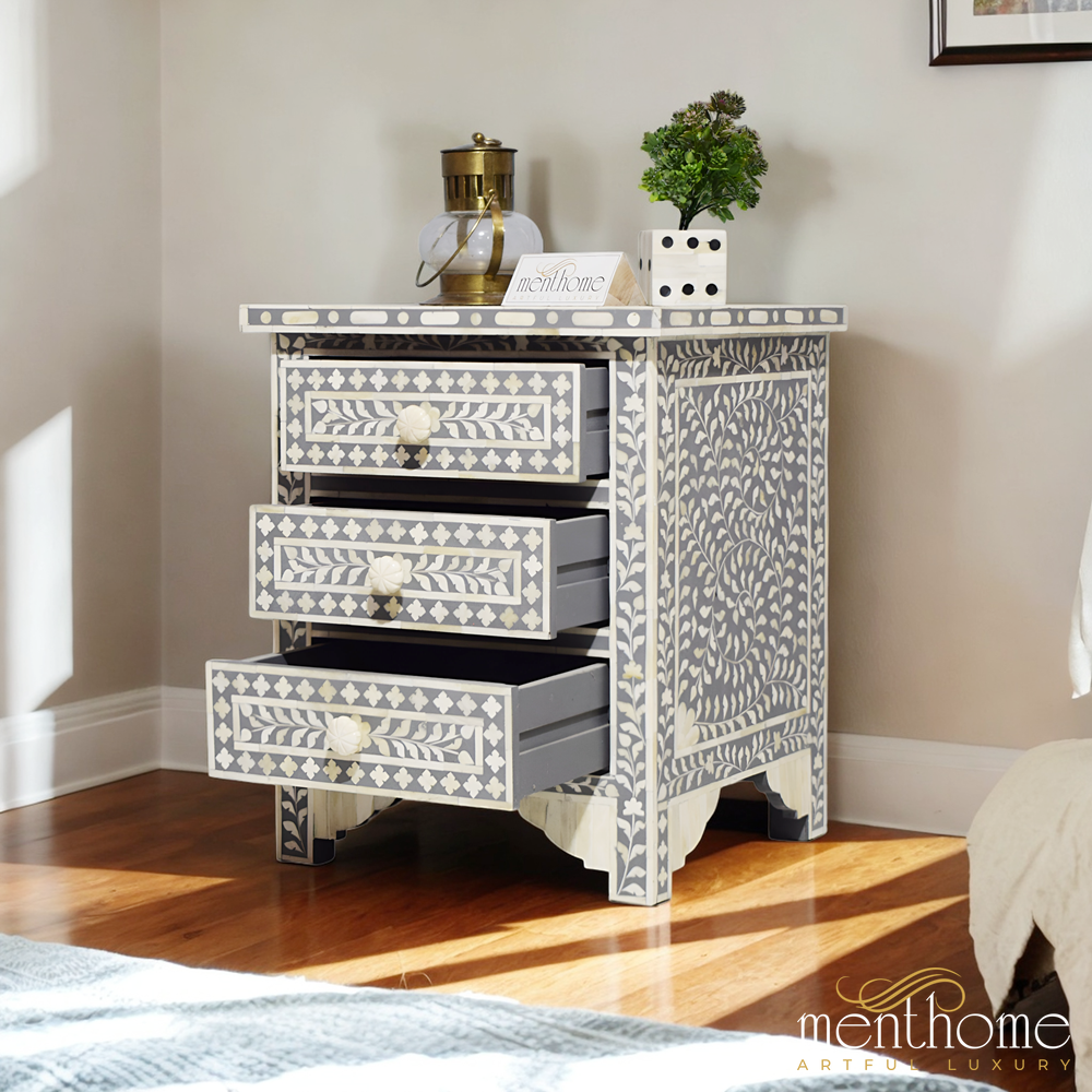 Grey Bedside Table adorned with a graceful Leaf Pattern | Luxury Handmade Bedside Table