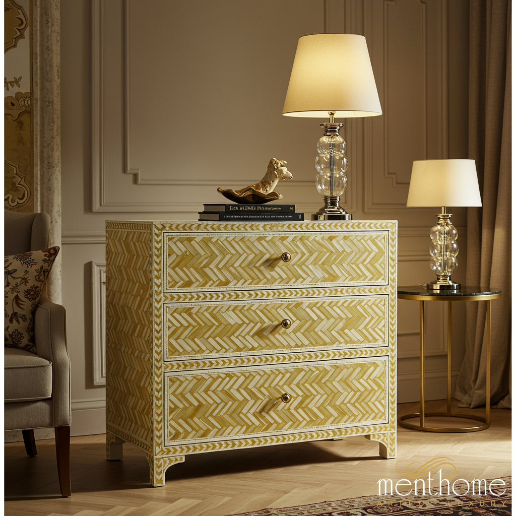 Elegant Bone Inlay Chevron Pattern Chest of Drawers | Luxury Handmade Chest of Drawer