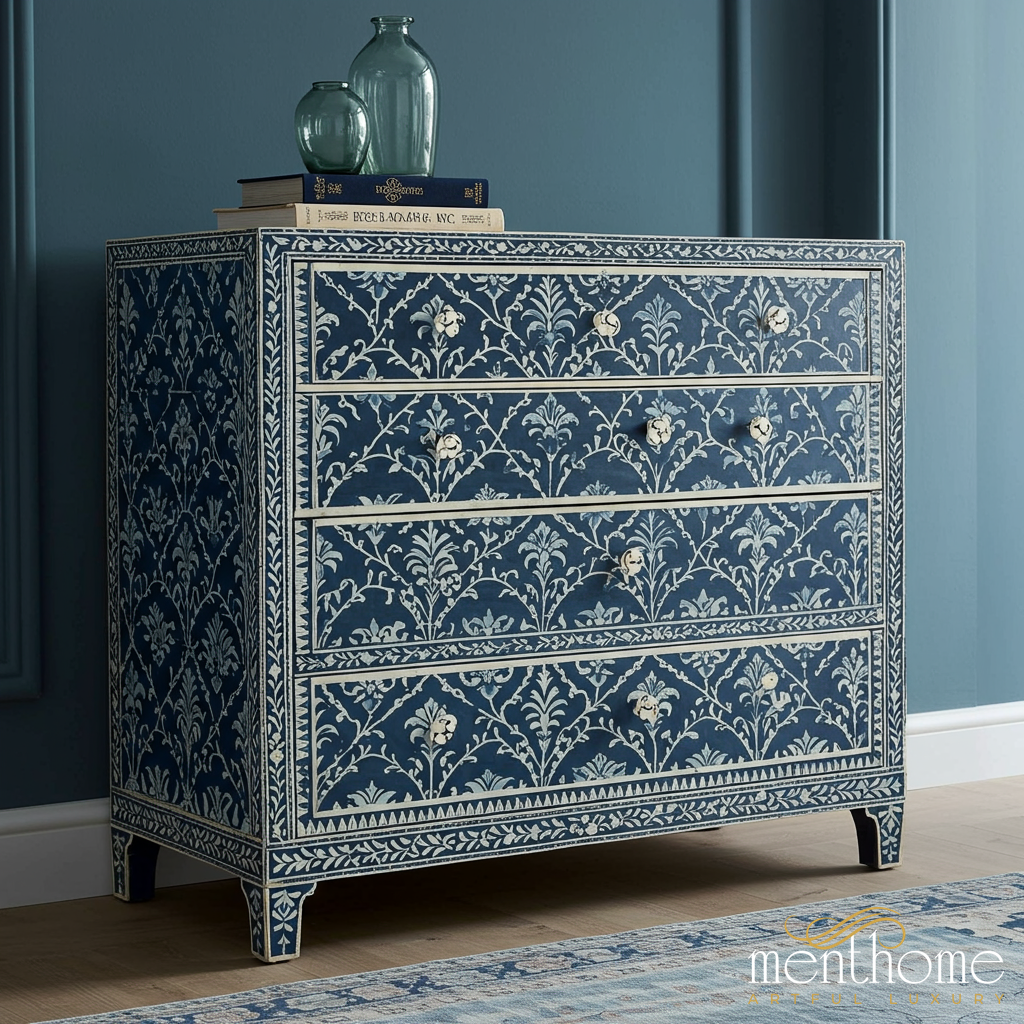 Blue Floral Pattern Wooden Chest of Drawers | Luxury Handmade Chest of Drawer