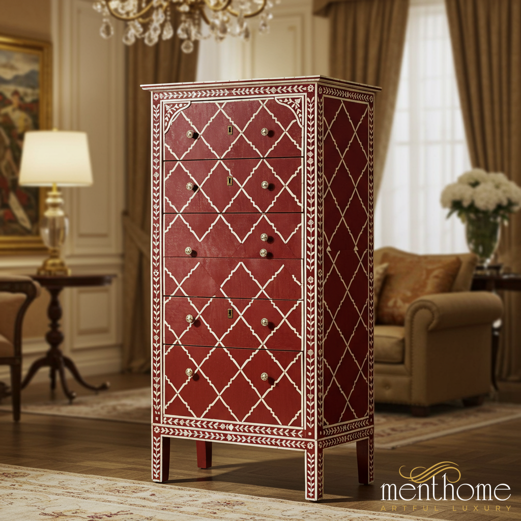 Decorative Red and White Patterned Wooden Chest of Drawers | Luxury Handmade Tallboy