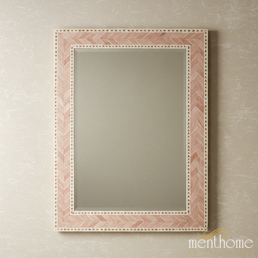 Decorative Wall Mirror with Pink Herringbone Frame | Luxury Handmade Mirror