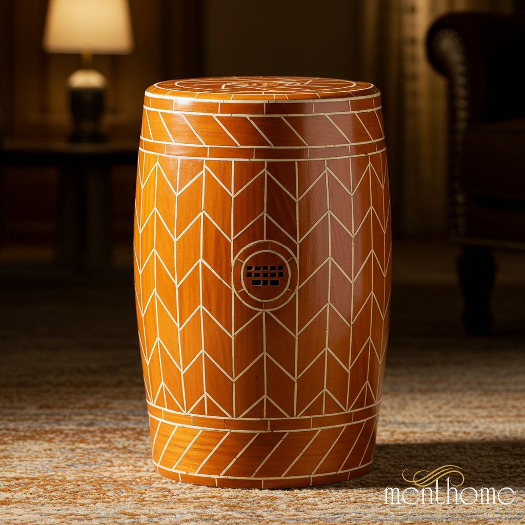 Decorative Wooden Garden Stool with Geometric Inlay | Luxury Handmade Stool