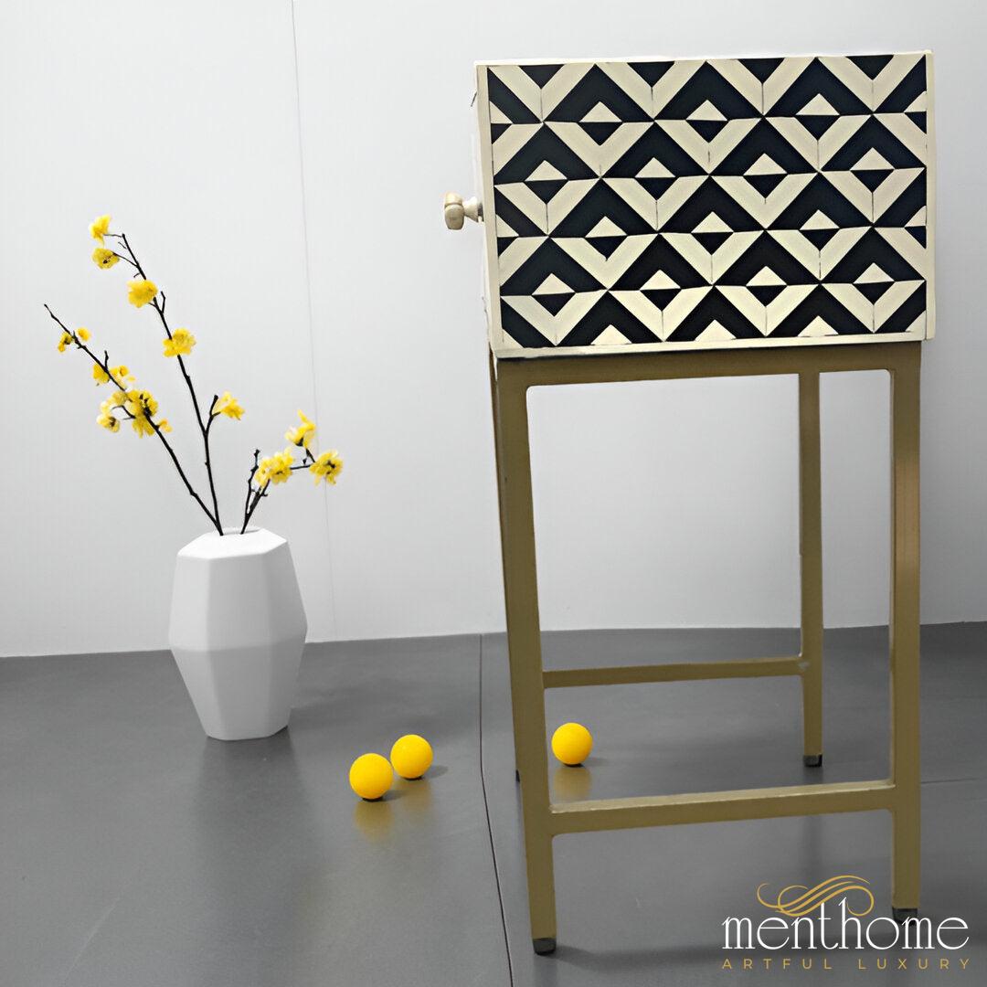 Monochrome Mirage — Artisanal Resin Zigzag One-Drawer Bedside Table with Brushed Brass Frame | Luxury Handmade Bedside Table