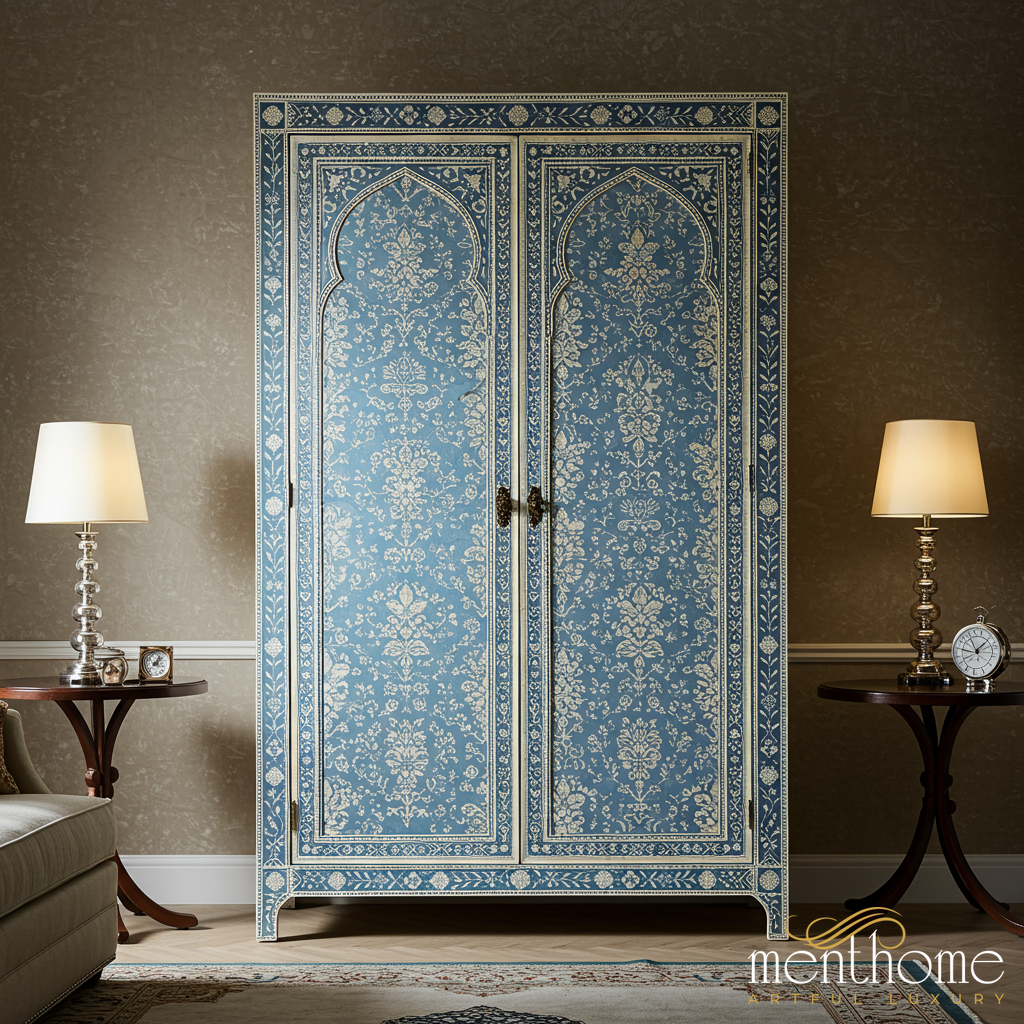 Elegant Blue Floral Patterned Wooden Wardrobe | Luxury Handmade Wardrobe