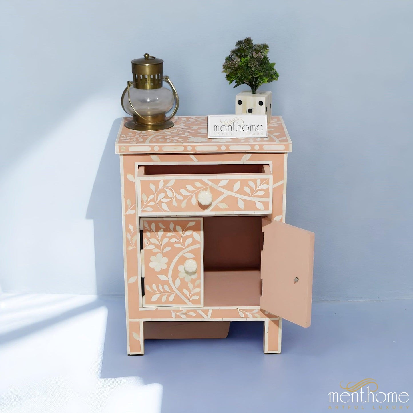 Flower Pattern Inlaid Bedside Table in Orange Color | Luxury Handmade Bedside Table