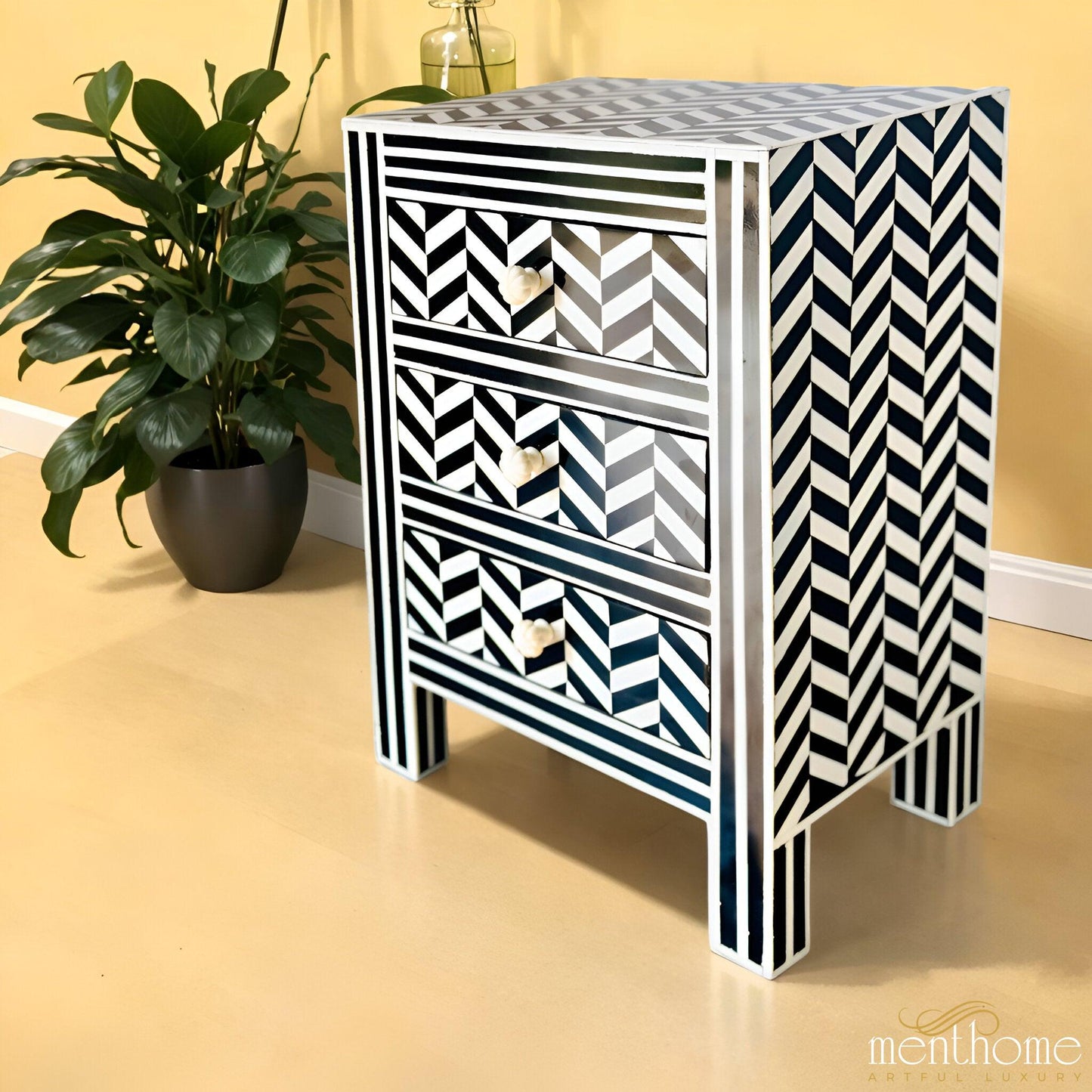 Zig-Zag Pattern 3-Drawer Resin Black Bedside Table | Luxury Handmade Bedside Table