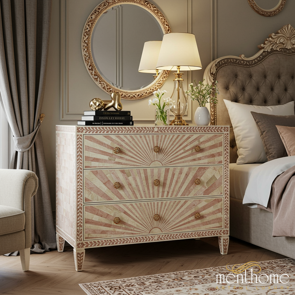 Elegant Sunburst Patterned Three-Drawer Dresser | Luxury Handmade Ches Menthome USA Elegant Sunburst Patterned Three-Drawer Dresser | Luxury Handmade Ches Menthome USA