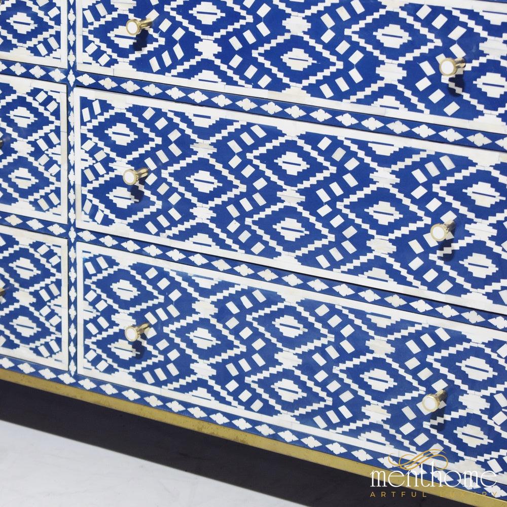 Navy Blue Bone Inlay Eye Cut pattern 6-Drawer Dresser | Luxury Handmade Dresser