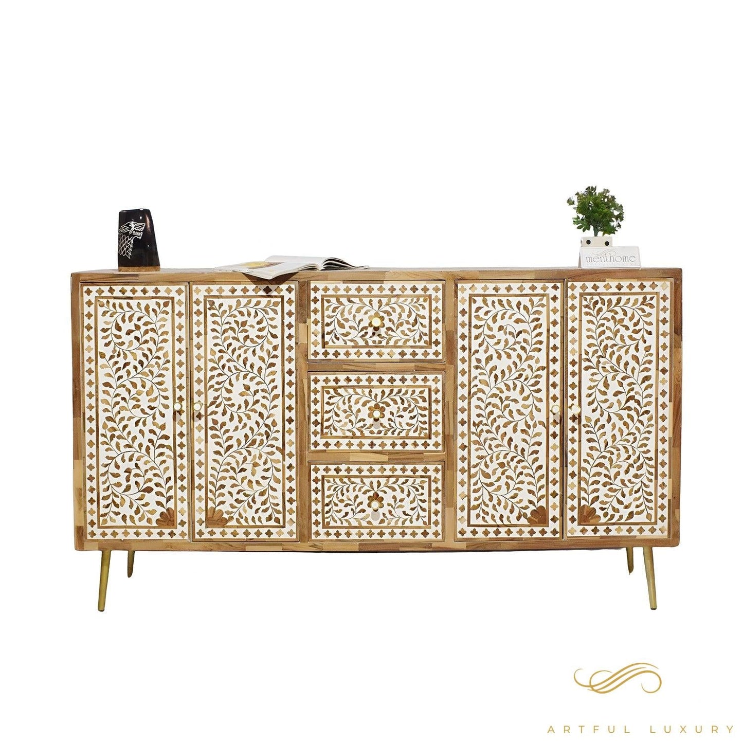 Floral Pattern Wooden Inlay 4-door and 3 drawers cabinet | Luxury Handmade Cabinet